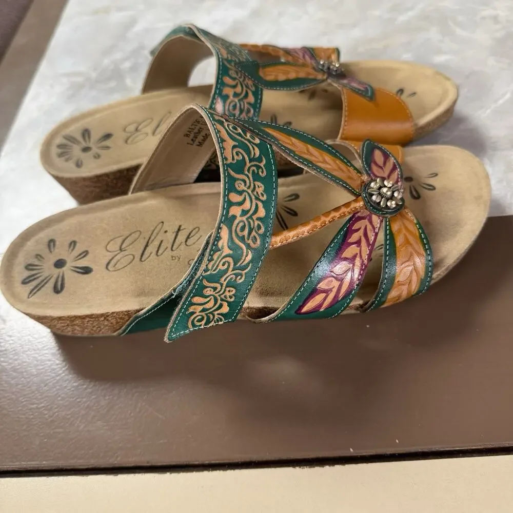 Elite By Corky’s Sandals 9 Womens Hippie Boho Adjustable Strap Artsy Tropical - Picture 2 of 8